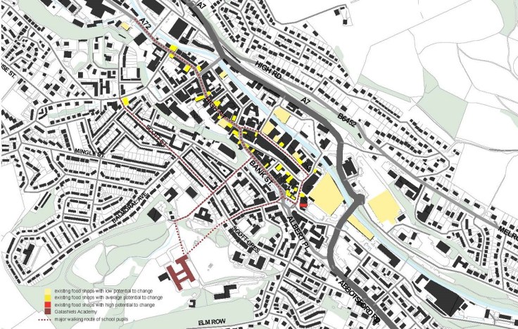 This map shows the main walking routes of school pupils to get their food and existing food shops that are available for them in the town center area. However, this also shows that there are more locally owned food shops than those big brand supermarket or chain stores. As a result, this reflects potential to change to provide healthier and more locally sourced food in short term. 